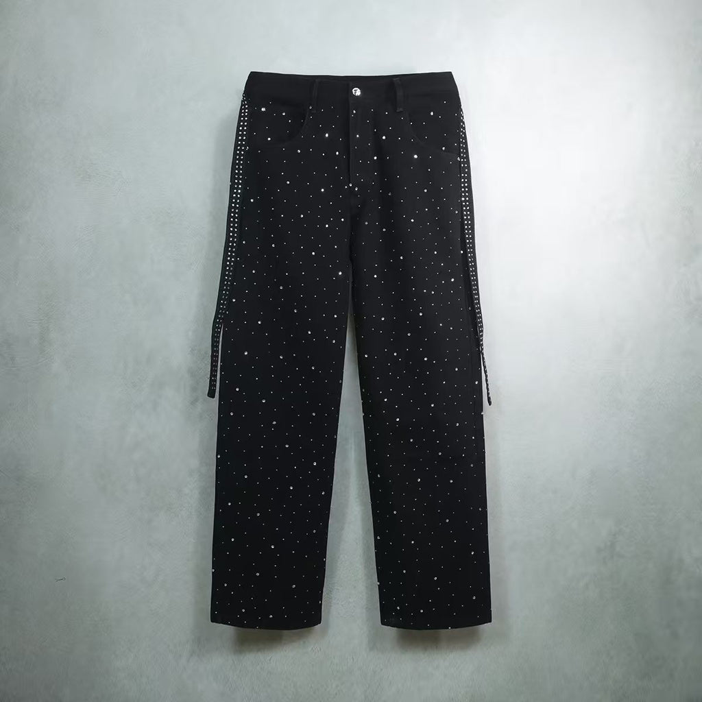 Unisex Rhinestone Star Loose Straight Jeans