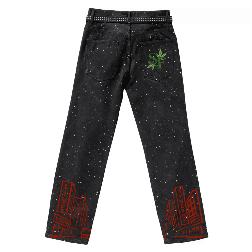 Black jeans with red cityscape design and green leaf emblem on a white background