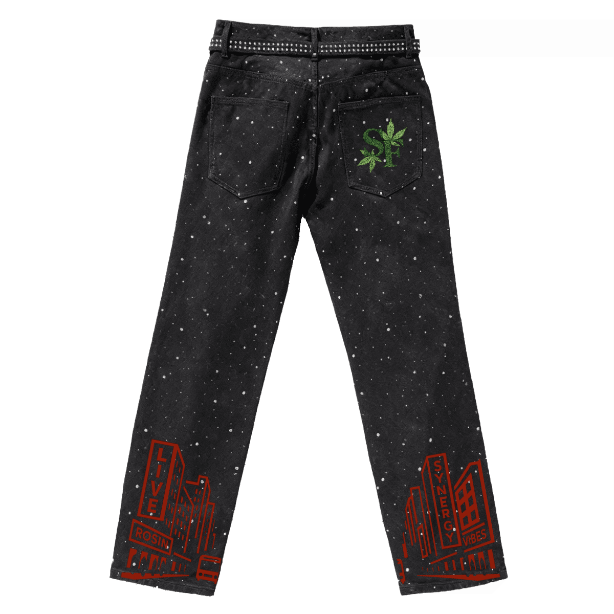 Black jeans with red cityscape design and green leaf emblem on a white background