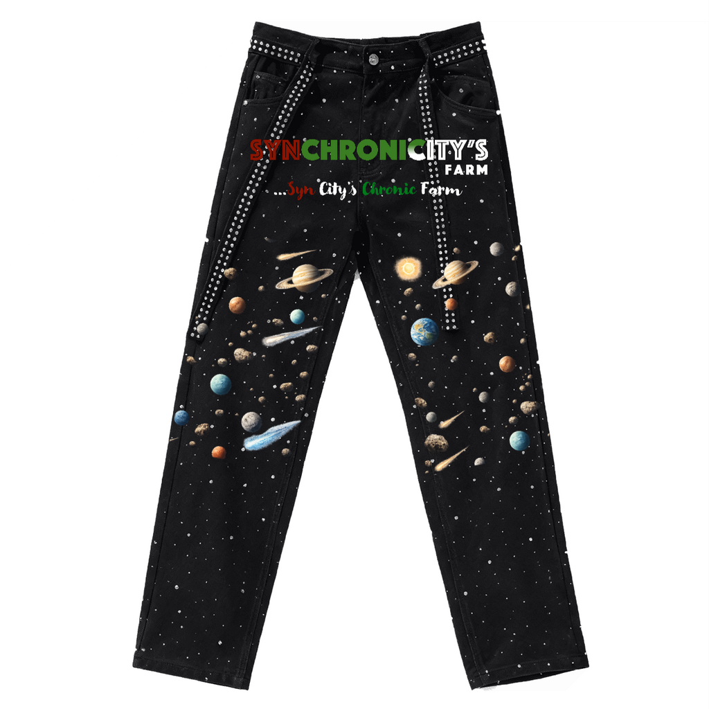 Black jeans with space-themed design and 'Synchronicity's Farm' branding.