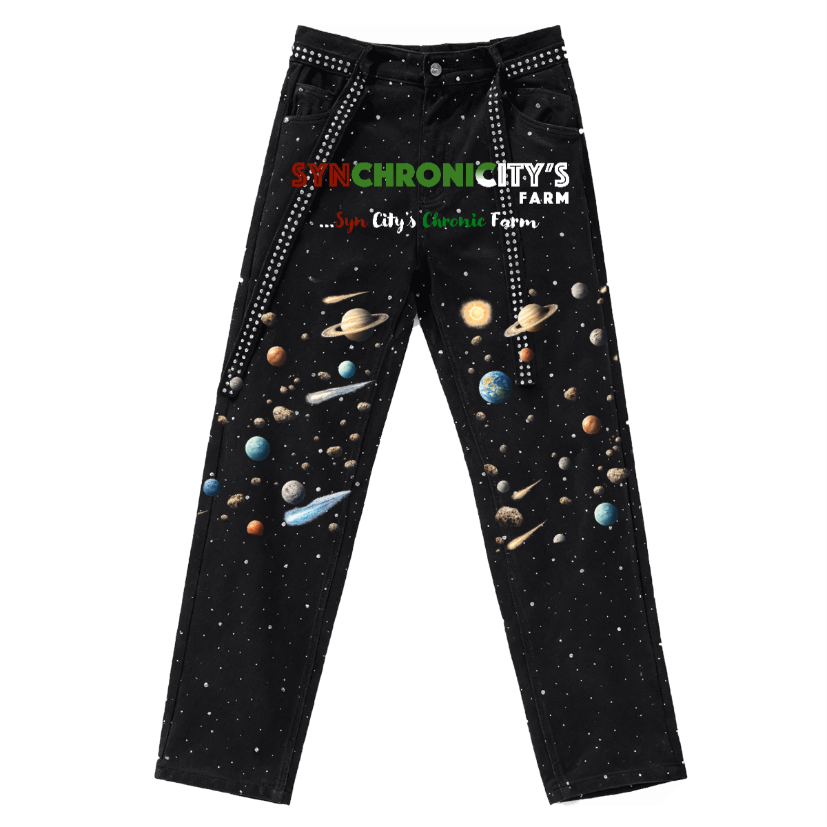 Black jeans with space-themed design and 'Synchronicity's Farm' branding.