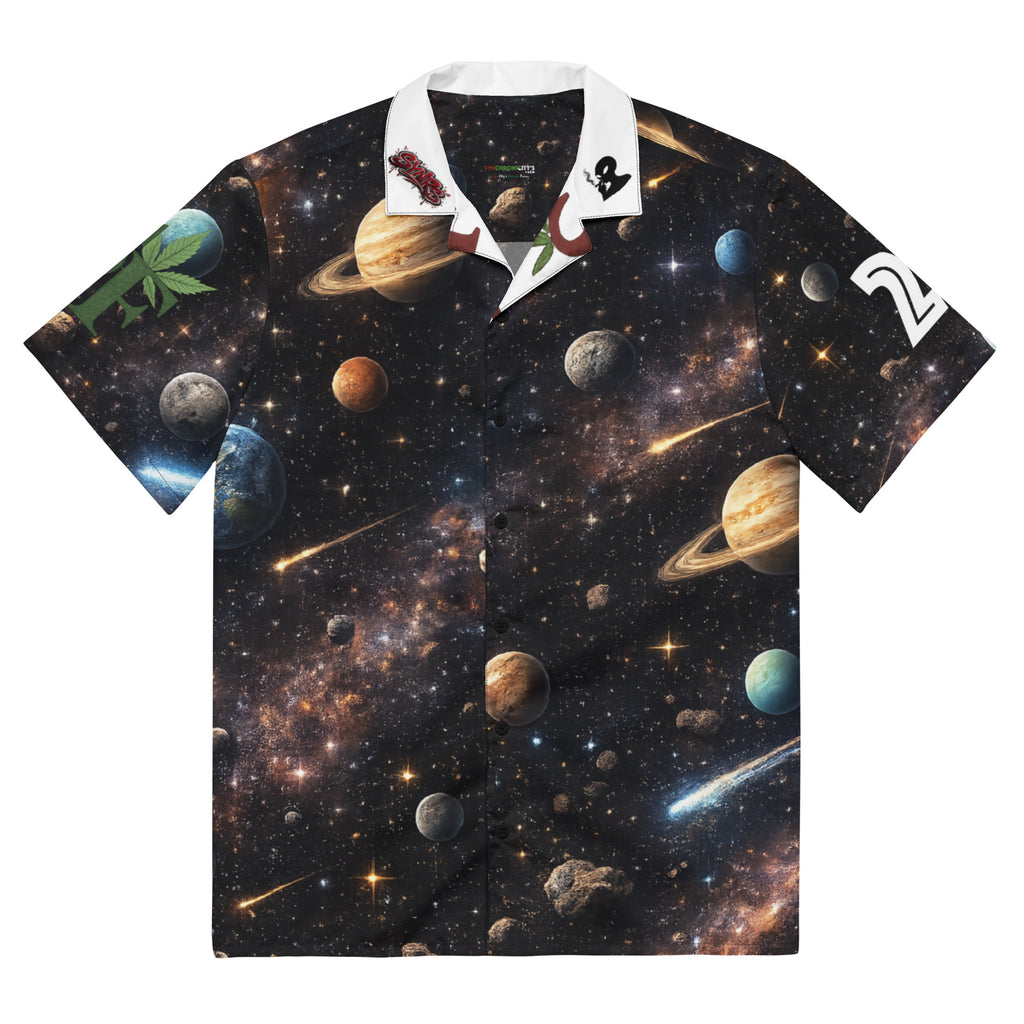 Short-sleeve shirt with space-themed design featuring planets and stars on a black background.