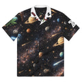 Short-sleeve shirt with space-themed design featuring planets and stars on a black background.